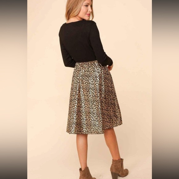 Hacci Rib Pleated Gold Foil Leopard Twofer Midi Dress, Small. BEAUTIFUL dress! - Picture 5 of 7